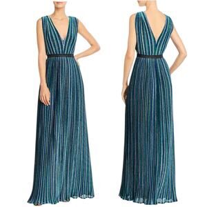 BCBGMaxAzria Metallic Striped Pleated Evening Gown Green Blue Size XXS